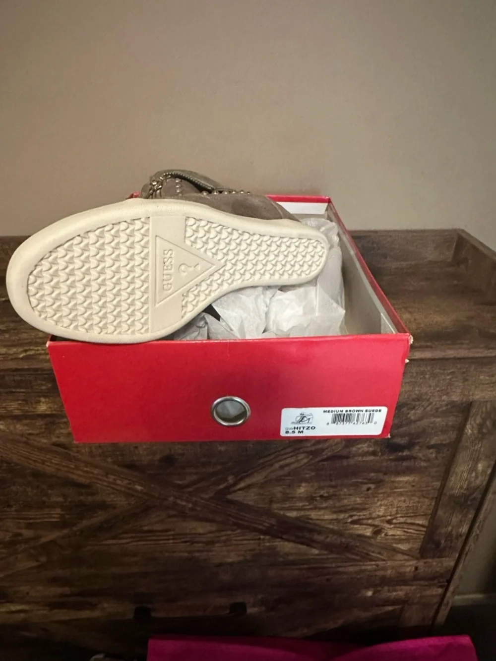 Guess Taupe Wedge High-Top Sneakers with Stud & Side Zipper - Picture 2 of 6